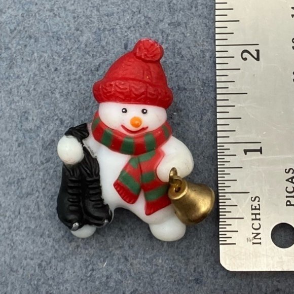 Christmas Pin Brooch Snowman White Gold Bell Red Hat Green Scarf Ice Skates - Picture 4 of 6